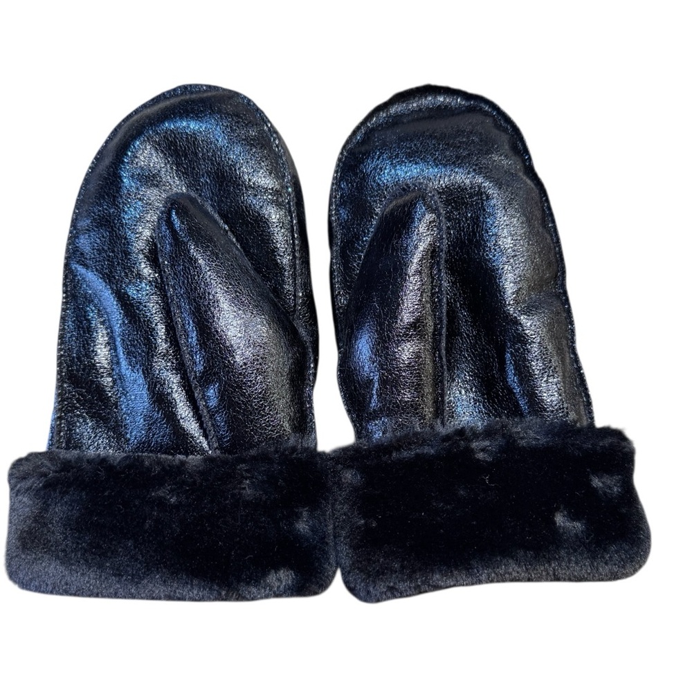 Anthropologie Mittens Shimmering Metallic Black Faux Fur lined exclusive NWOT